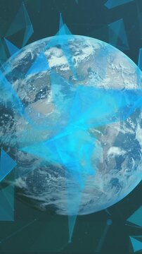 Animation of plexus networks floating over spinning globe against blue background