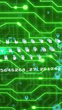 Animation of globes of digital icons, data processing and green glowing microprocessor connections