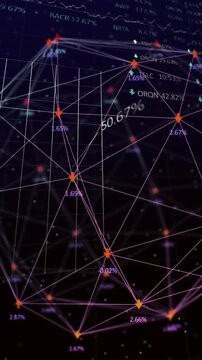 Animation of spinning globe over statistical and stock market data processing on black background