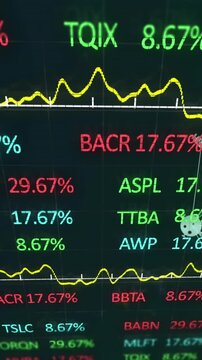 Animation of globes of medical icons spinning over stock market data processing on black background