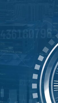 Animation of ticking clock, changing numbers and statistical data processing against cityscape