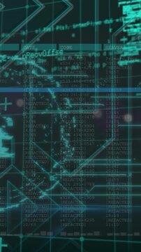 Animation of security padlock icon and data processing over grid network against black background