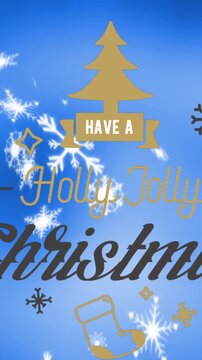 Animation of have a holly jolly christmas with sticks, baubles, tree over snowflakes in background