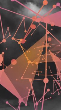 Animation of connected dots forming geometric shapes over lightning through dense clouds