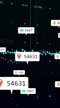 Animation of multiple notification bars, changing numbers and graphs over black background