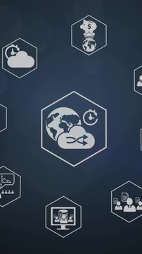 Animation of icon in hexagons over circles, dots and lens flares on abstract background