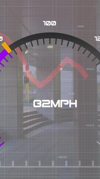 Animation of changing numbers in loading speedometer with graphs over modern building