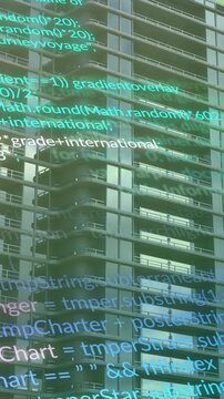 Animation of multicolored computer language over modern buildings against gradient background