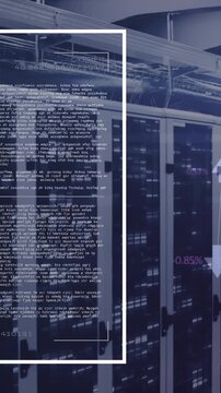 Animation of computer language, connected icons globe over bars on data server racks