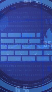 Animation of firewall icon in loading circles, graphs, numbers, binary codes over blue background
