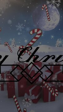 Animation of merry christmas text, falling sticks over snow covered mountain and trees against moon
