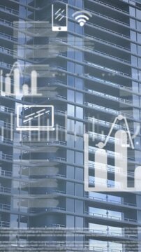 Animation of icons, graphs and trading board over modern buildings against sky