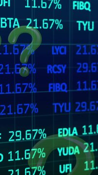 Animation of question mark symbols, grid pattern and trading board over abstract background