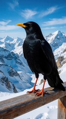 Obraz premium Black bird with yellow beak perches on wooden railing. mountain range with snow covered peaks under blue sky. Wild crow sits on fence post overlooking majestic snowy landscape, high altitude scenery