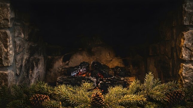 Cozy fireplace with glowing embers and warm fire light in a rustic stone hearth