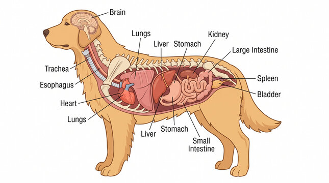 Vector illustration of dog anatomy showing internal organs with labels.