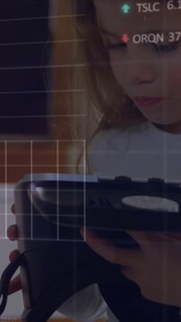 Animation of stock market data processing over caucasian girl holding vr headset at home