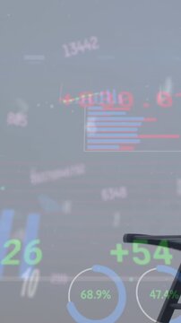 Animation of changing numbers, graphs, loading circles, trading board, bag hanged on chair