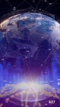 Animation of spinning globe and light trails over 3d city model against black background