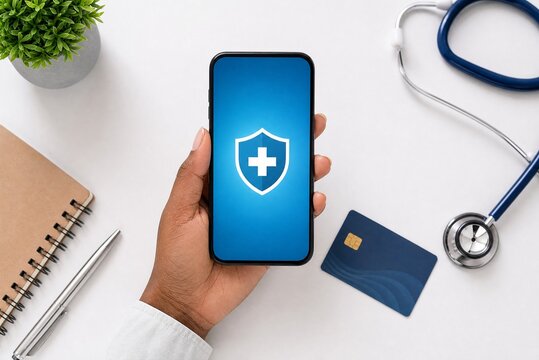 Medical insurance app on smartphone held by doctor, health coverage digital shield icon, healthcare payment and online consultation concept