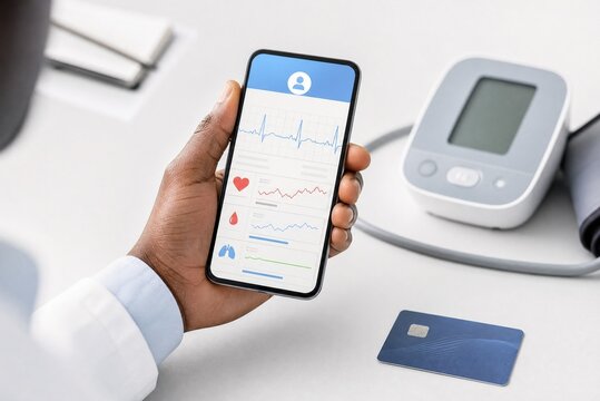 Telemedicine mobile app on smartphone held by doctor. Digital health monitoring interface. Medical professional using healthcare technology.