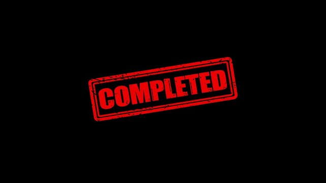 Completed red rubber stamp animation on black background, business success and approval concept