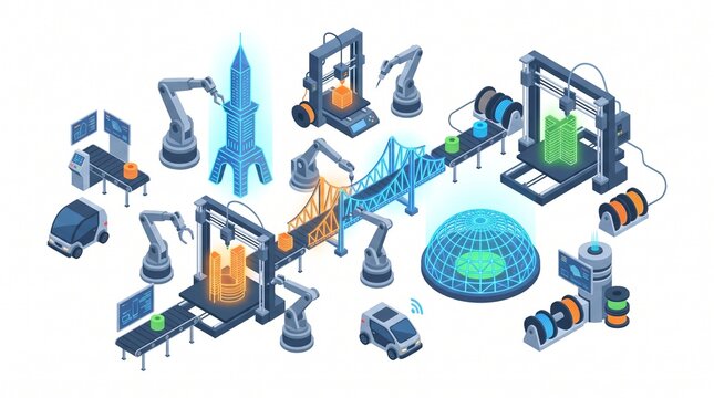 Isometric illustration of modern automated industrial production lines with robotics and 3D printing technology for smart manufacturing factory