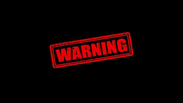 Red warning stamp animation on black background, industrial alert sign motion caution