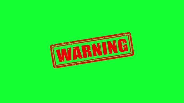 Warning stamp animation on green screen, red grunge text overlay for alert and caution notifications