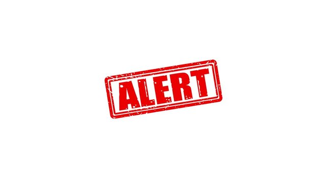 Red alert rubber stamp impression animation on white background, emergency warning sign concept