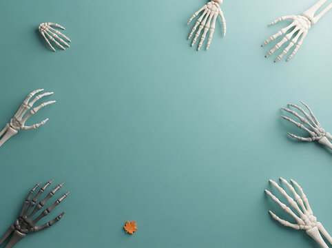 Skeletal hands and autumn leaf on a teal background halloween concept flat lay