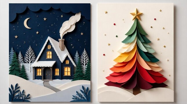 Christmas holiday 3D paper cut style illustration set with cozy winter house and colorful papercraft Christmas tree, Generative AI