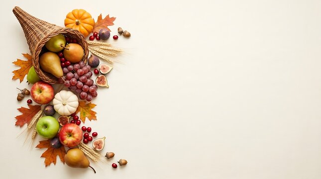 A beautiful cornucopia overflowing with fresh autumn fruits and colorful fall leaves for a festive thanksgiving holiday celebration background design
