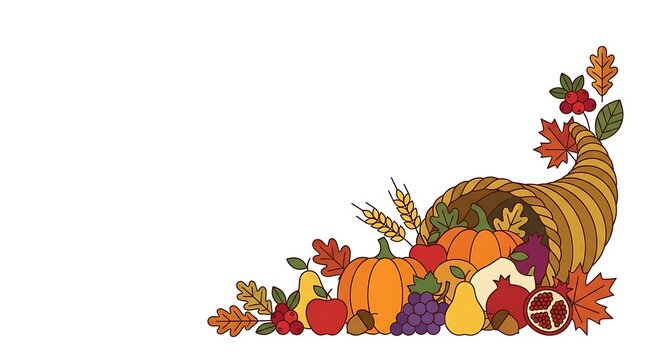 A beautiful thanksgiving cornucopia illustration featuring colorful autumn harvest vegetables and fall leaves isolated on a clean white background for design