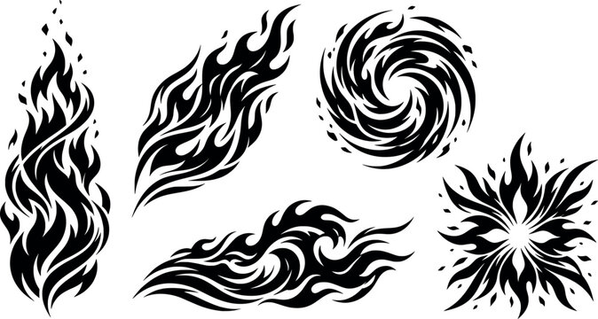 Set of various black flame silhouettes and fire design elements