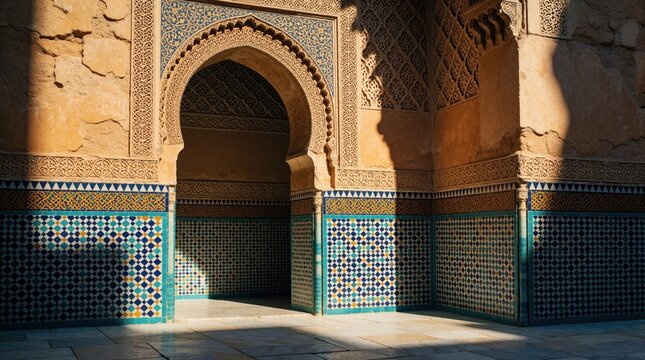 Ornate Moroccan archway with detailed mosaic tile patterns, carved plaster walls. Geometric designs in blue, yellow, green create intricate wall art. Sunlight casts dramatic shadows on ancient facade.