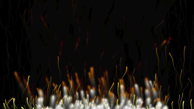 Abstract glowing fiery particle streaks rising from white smoke overlay for motion graphics
