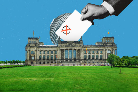 Flat design. Human hand putting a red ballot paper into the ballot box with the German flag in the background. Political election, flat designed concept.