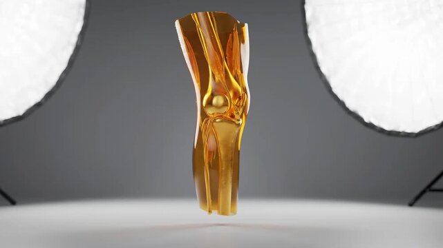 Highly detailed 3D animation of a golden knee implant showcasing intricate design perfect for medical training, surgical planning, and healthcare marketing materials.