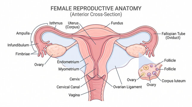 Educational diagram of the female reproductive system showing anterior cross section anatomy.