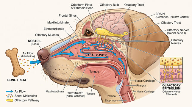 Anatomical diagram illustrating the canine olfactory system and how a dog smells scent molecules.