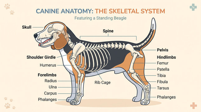 Canine anatomy infographic diagram showing the skeletal system of a standing beagle dog with labels.