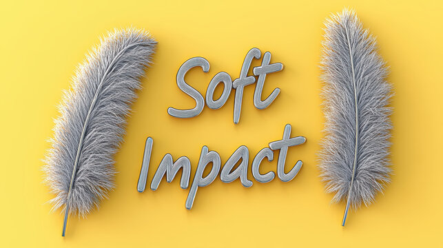 Text "Soft Impact", Lead Feather, hyper-detailed typography formed by oversized swan feathers crafted entirely out of heavy, matte gray lead metal with sharp metallic scratches, contrasting soft plume