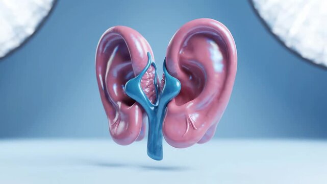Highly detailed 3D render of human ear anatomy featuring the outer ear, eustachian tube, and inner ear structures ideal for medical training, educational videos, and healthcare marketing materials.