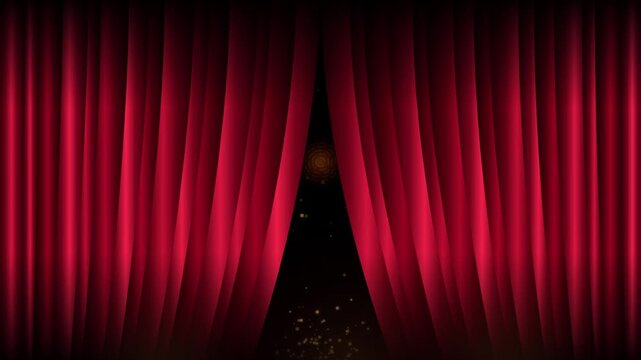 Red theater curtain opening with glowing magic particles
