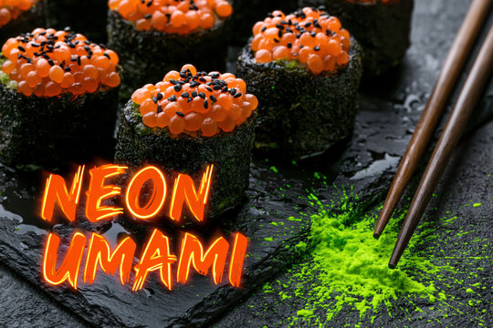 Text "Neon Umami", Midnight Sushi, glowing orange salmon roe and deep black nori seaweed typography, accented by a hyper-vibrant neon green wasabi splatter against a wet slate platter 