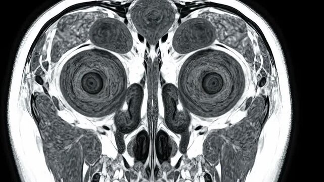 High-resolution MRI coronal slice showcasing detailed human eye orbits ideal for medical presentations, research, and healthcare marketing materials.