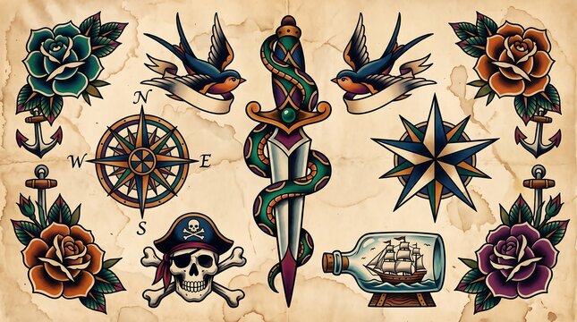 Traditional old school tattoo flash sheet with dagger and roses