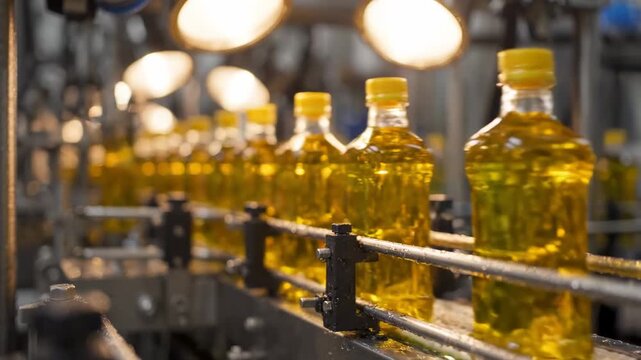 High-quality footage of transparent olive oil bottles moving through an automated industrial filling and capping production line for marketing presentations and commercial use.