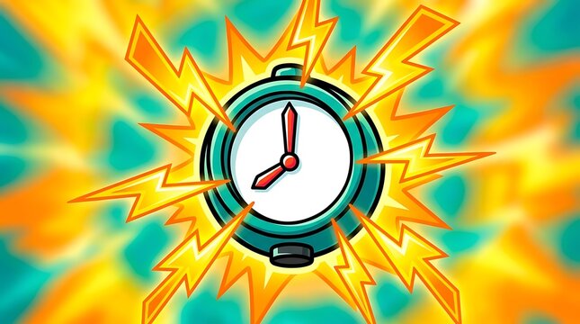 Alarm clock exploding with electric energy and lightning bolts representing urgency and time